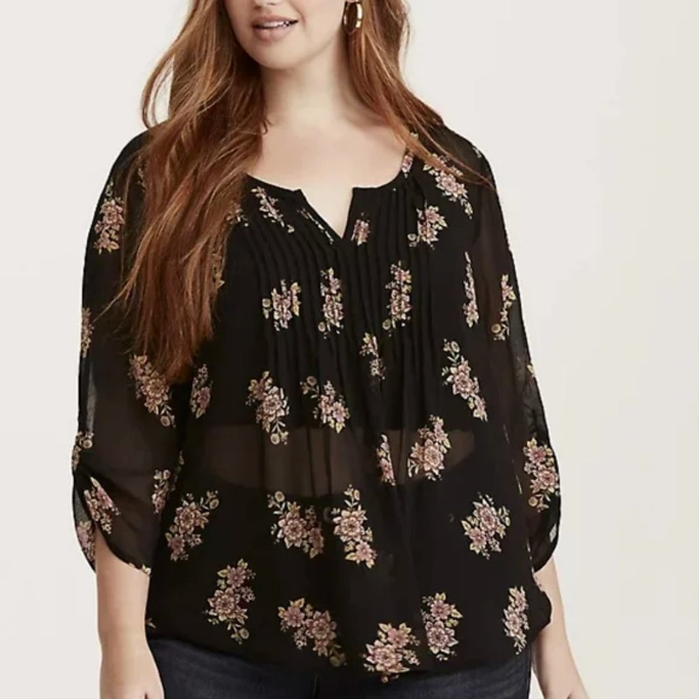 Torrid Sheer Dark Floral Tunic Blouse